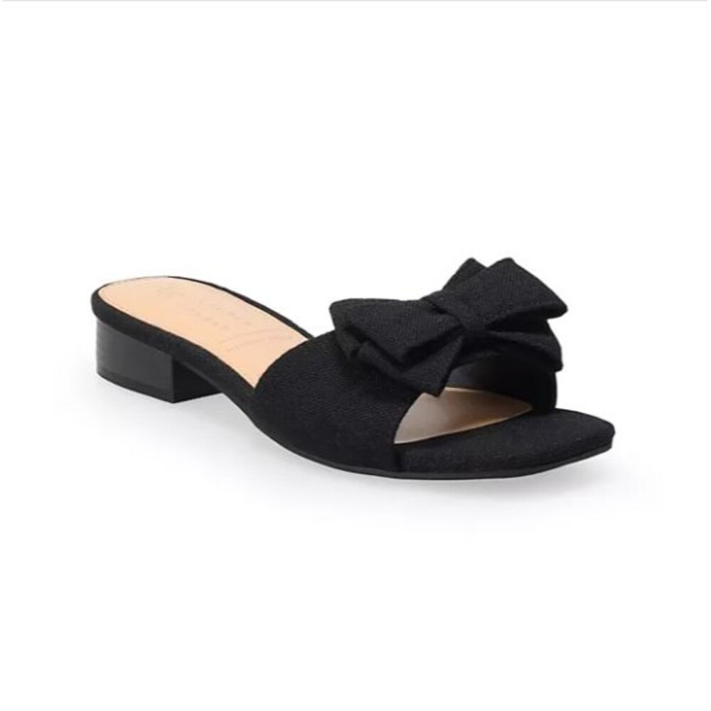 NWOB Lauren Conrad Poppy Black Fabric Bow Slip On Sandals Slides Sz 11